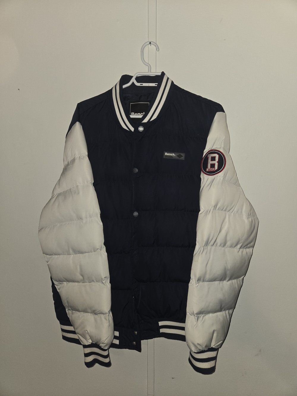 Bench Black and White Puffer Varsity Jacket with Patch